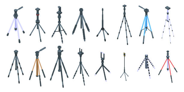 Tripod icons set, isometric style Tripod icons set. Isometric set of tripod vector icons for web design isolated on white background tripod vector stock illustrations