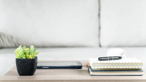 istock Plastic plants placed on wood table in living room 1264847402
