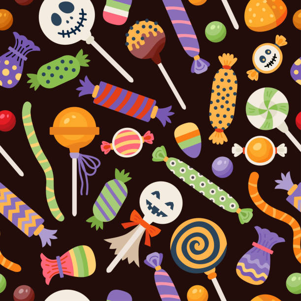Halloween seamless sweet pattern with cute candies Halloween sweets pattern. Seamless background with trick or treat candies. Vector illustration. Many types spooky dessert. halloween treats stock illustrations