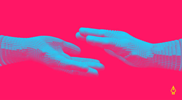 istock Hands reaching towards each other. Concept of human relation, togetherness or  partnership. Connection structure. 3D vector illustration. 1264849730
