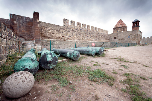 Castle of Erzurum - Erzurum, Turkey - August 30 2019: A view from inside the Erzurum castle. War cannons from times of war.