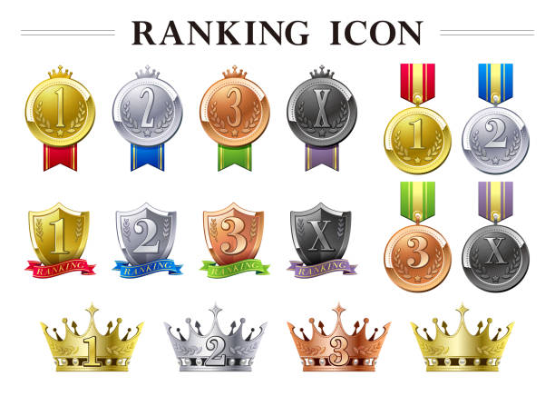 ilustrações, clipart, desenhos animados e ícones de ranking de ícone metálico & escudo - shield bronze gold silver
