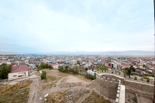 Castle of Erzurum - Erzurum, Turkey - August 30 2019: A view from inside the Erzurum castle. Apart from the castle, you can see the historical city of Erzurum.