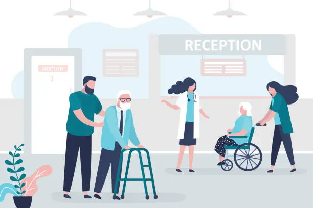 Vector illustration of Medical staff and patients in reception hospital. Concept of healthcare and medicine. Doctors and nurse care for elderly