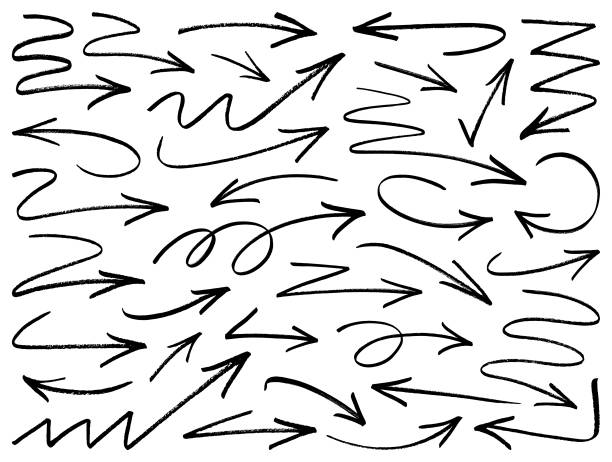 Vector arrows, brush strokes Set of black vector arrows. Grunge design elements, different shapes. Isolated black images on white background. arrow bow and arrow stock illustrations