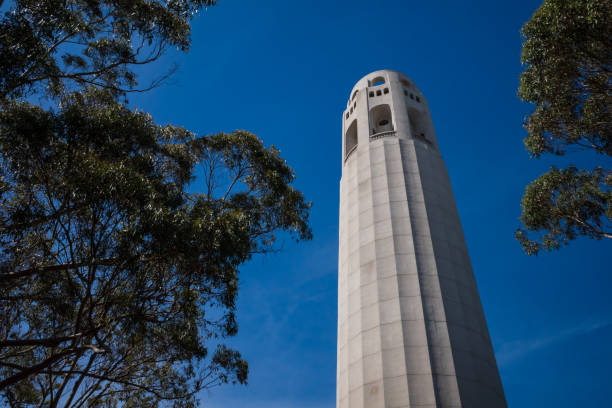 Coit Tower  in San Francisco is illuminated as seen across the city in Pride Colors. A pink and yellow illumination shines up the tower.