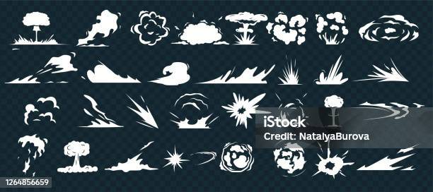Explosion Effect Dust Smoke Cloud Cartoon War Blast And Motion Speed Sparks On Isolate Background Comic Energy Explosion Bomb Dynamites Detonators Smoke Clouds Puff Mist Fog Effects Template Stock Illustration - Download Image Now