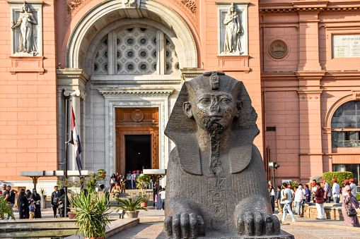 Cairo, Egypt - Feb 24, 2019: The Sphinx in front of the Egyptian museum in Cairo.