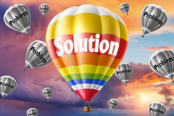 istock Hot air balloons with SOLUTION concept. Abstract background, Thinking and Creativity. 3d Illustration 1264860173