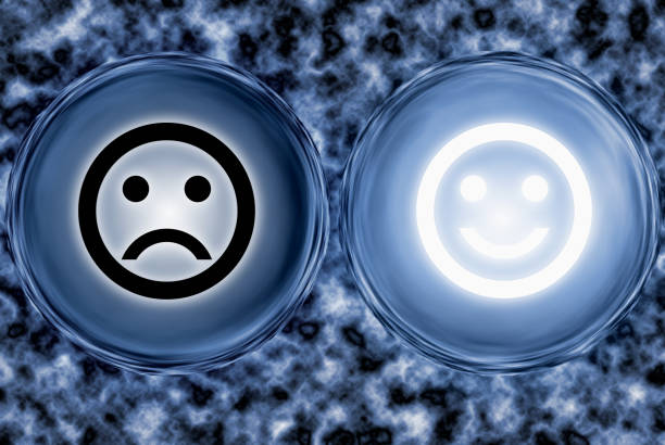 Circles with faces representing positive, negative and neutral grade, emotion. Abstract background. 3d illustration.