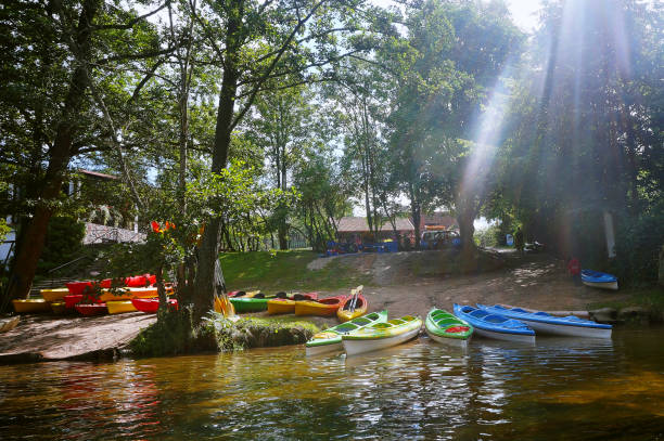 tourist base of kayaks and canoes, summer adventure kayak, rafting to canoe stock photo