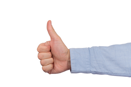 like hand symbol, gesture well done. Thumbs up isolated on white background.