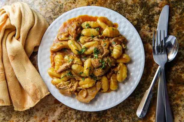 Hungarian chicken paprikash with gnocchi potato dumplings and basil