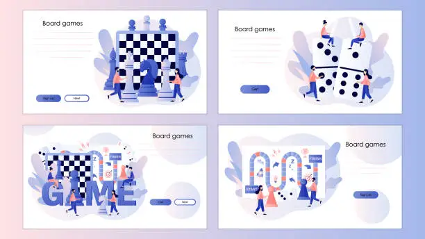 Vector illustration of Board games. Tiny people playing and winning chess, domino, game cards and dice. Screen template for mobile smart phone, landing page, template, ui, web, mobile app, poster, banner, flyer. Vector