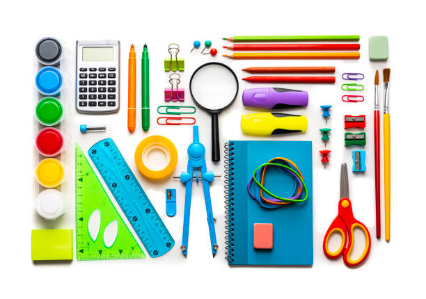 istock Multicolored school supplies shot from above on white background. 1264872610