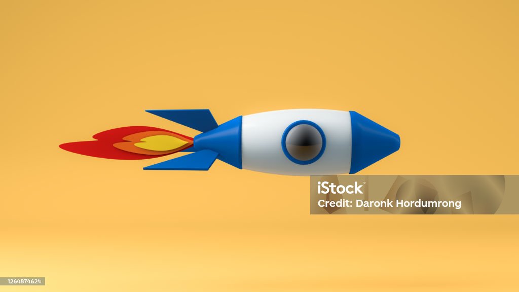 Close Up Of Flying Cartoon Rocket Stock Photo - Download Image Now - Three  Dimensional, Rocketship, Missile - iStock