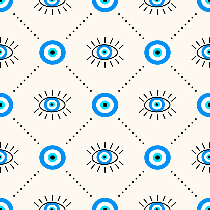 Vector seamless geometric pattern with evil eyes talisman, protection and good luck symbol. Modern ethnic background for textile, wrapping paper, prints. Boho fashion backdrop.