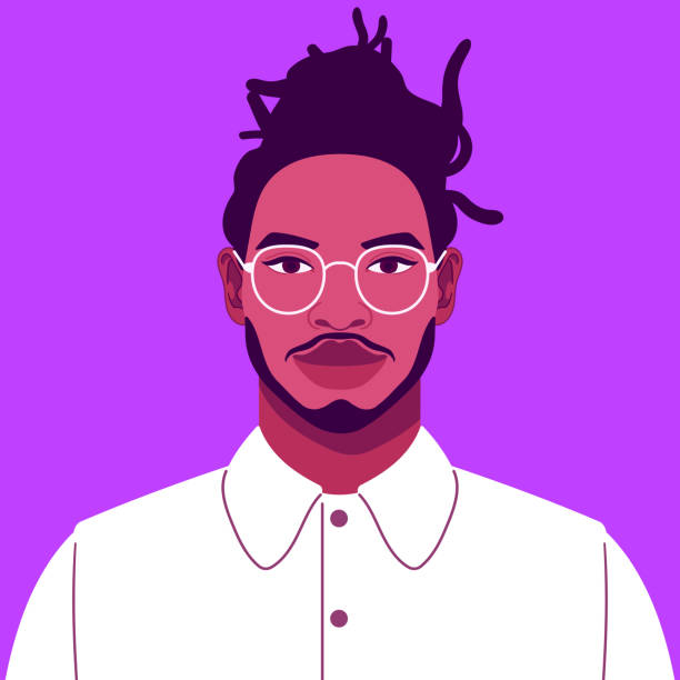 Portrait of a handsome male office worker. Confident young man in business attire with glasses. Happy African student smiling. Social network profile avatar. Contemporary flat design. portrait illustrations stock illustrations