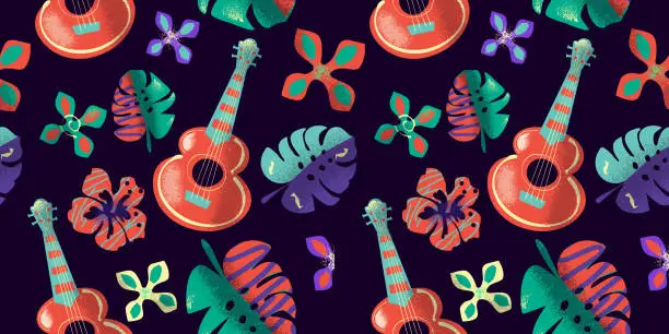 Vector illustration of Hawaiian Tiki flowers and tropical leaves and ukelele seamless pattern background design