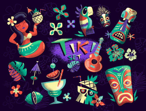 Hawaiian Tiki party icon set Vector illustration of a  collection of traditional hawaiian objects set with hula girl, flowers, parrot statue, tiki statues, tiki mask, tropical drinks and cocktails, ukele and hibiscus flowers and tropical leaves. Lot's of texture. Royalty free vector eps 10 fully editable. grass skirt stock illustrations