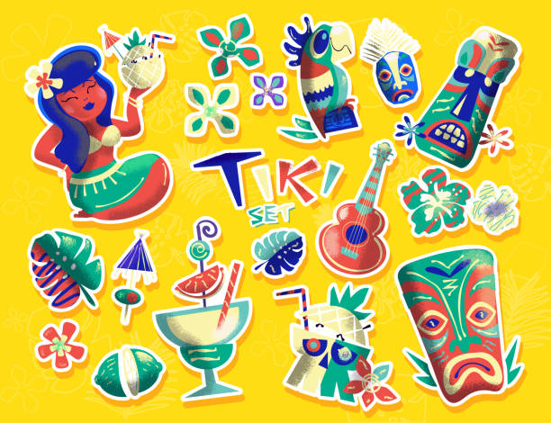 Hawaiian Tiki party icon set Vector illustration of a  collection of traditional hawaiian objects set with hula girl, flowers, parrot statue, tiki statues, tiki mask, tropical drinks and cocktails, ukele and hibiscus flowers and tropical leaves. Lot's of texture. Royalty free vector eps 10 fully editable. grass skirt stock illustrations