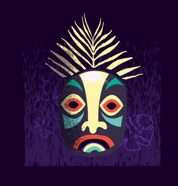 Vector illustration of Hawaiian Tiki flowers and tropical leaves and colorful tiki mask