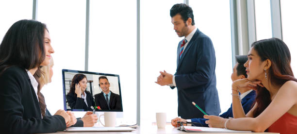 istock Video call group business people meeting on virtual workplace or remote office 1264877106