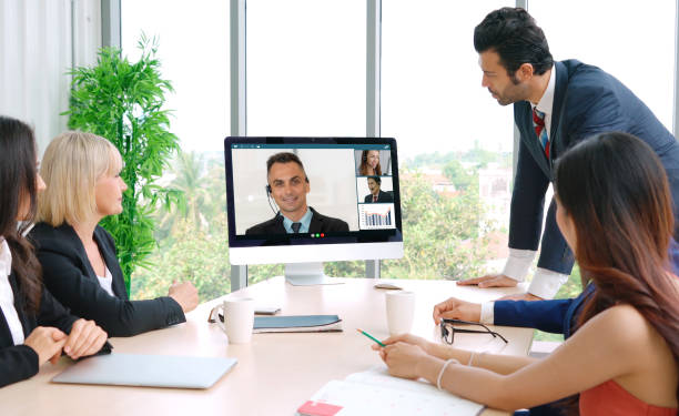 istock Video call group business people meeting on virtual workplace or remote office 1264882333