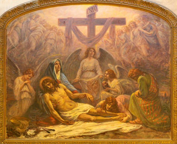 Catania - The painting of Deposition of the Cross (Pieta) in church Chiesa San Nicolo by Alessandro Abate (1927). Catania - The painting of Deposition of the Cross (Pieta) in church Chiesa San Nicolo by Alessandro Abate (1927). pieta stock pictures, royalty-free photos & images