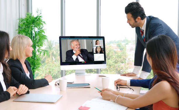 istock Video call group business people meeting on virtual workplace or remote office 1264883596