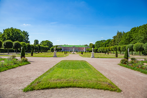 Moscow, Russia - August 8, 2020: Part of the architectural ensemble of the historical museum-estate Kuskovo. Fine example of the 18th century architecture and park landscaping