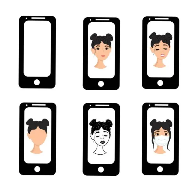 Vector illustration of Girl with black hair on the phone screen. Emotions of a woman on the screensaver of a smartphone. Remote communication using gadgets. Stock vector illustration for business, internet, social networks.