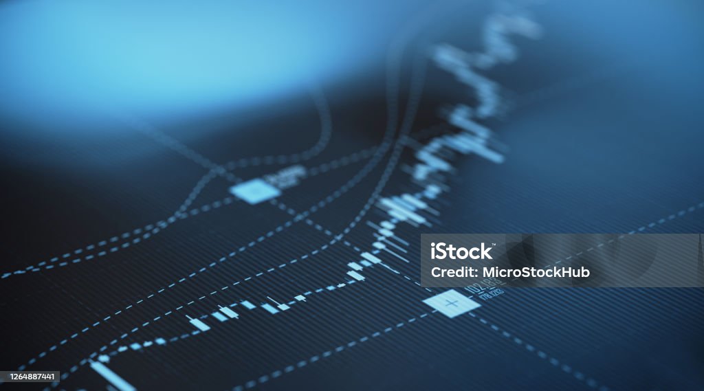 Blue Financial Graph Background - Stock Market and Finance Concept Blue financial graph background. Selective focus. Horizontal composition with copy space. Stock market and finance concept. Finance Stock Photo