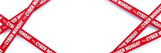 Happy Cyber Monday written red ribbons sitting over white background. Panoramic composition with clipping path and copy space. Cyber Monday concept.