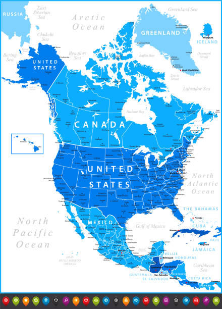 nordamerika blaue karte mit den internationalen grenzen der vereinigten staaten, kubas, honduras, guatemalas, kanadas und mexikos - map central america panama guatemala stock-grafiken, -clipart, -cartoons und -symbole