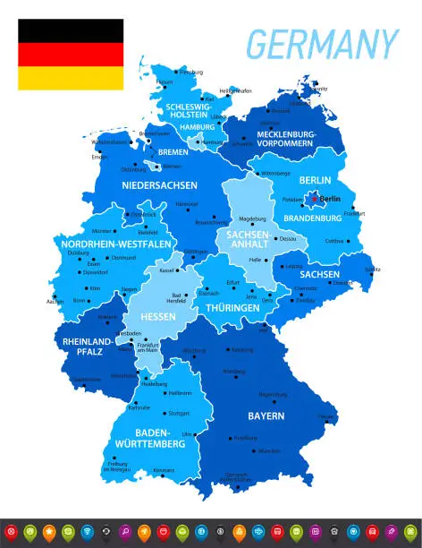 Vector illustration of Germany Blue Map with National German Flag. Vector Blue Illustration with regions, icon set and capital cities