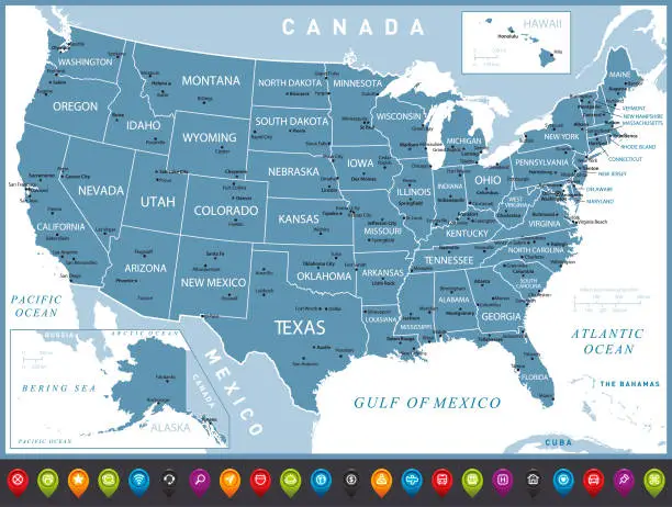 Vector illustration of Map of USA. Vector illustration with states, geographical borders of Canada, Mexico, Cuba and capital cities