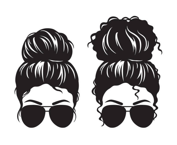Women with Messy Bun and Sunglasses Face Silhouette Vector illustration of straight and curly hair woman with messy buns and sunglasses silhouette. black woman hair bun stock illustrations