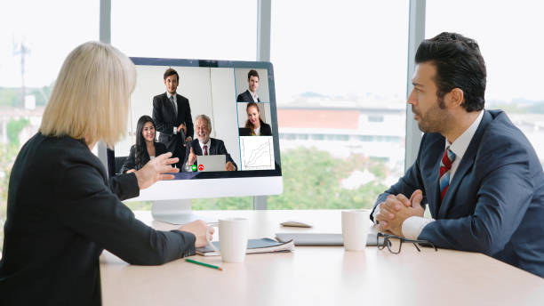 istock Video call group business people meeting on virtual workplace or remote office 1264889192