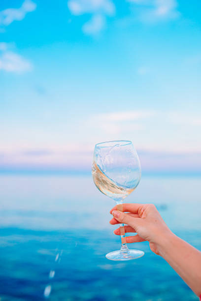 istock Glass of white wine on tropical beach 1264890293