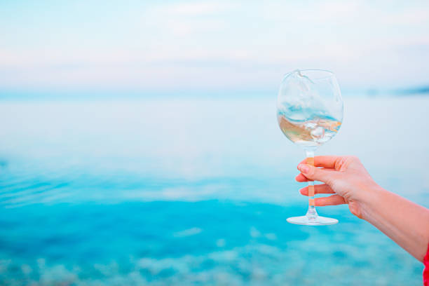 istock Glass of white wine on tropical beach 1264890312