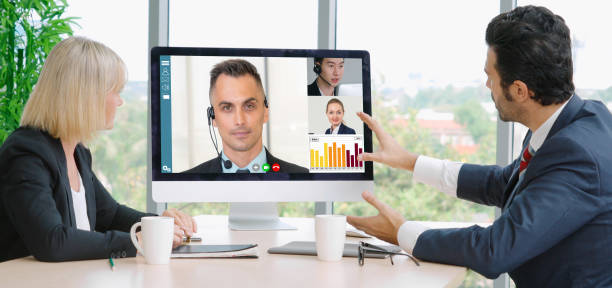 istock Video call group business people meeting on virtual workplace or remote office 1264890370