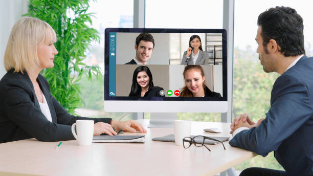 istock Video call group business people meeting on virtual workplace or remote office 1264898898