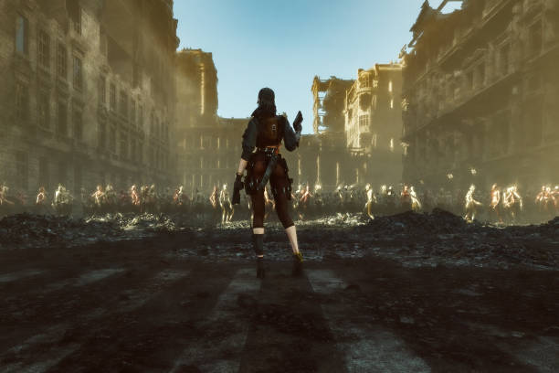 istock Zombie apocalypse with city survivor 1264899570