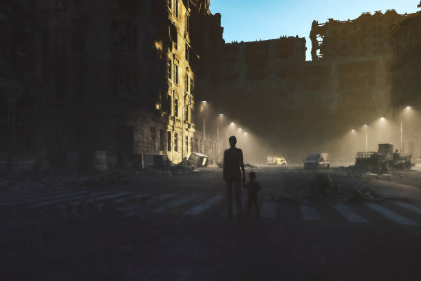 istock Mother with child walking war torn city 1264899578