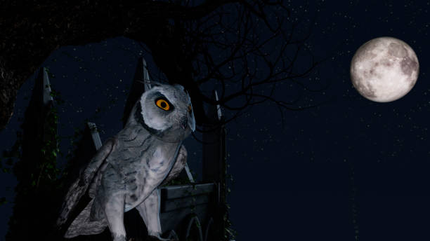 An owl sits motionless on a tree in the blue moonlight near a Mausoleum - 3d rendering