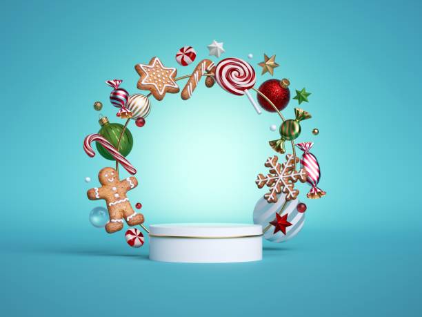 istock 3d render, Christmas showcase mockup. Empty podium, stage or vacant pedestal. Round frame decorated with gingerbread cookies, balls, ornaments and candies isolated on blue background 1264903318