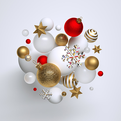 3d Christmas ornaments, red and gold balls, stars and snowflakes levitate. Seasonal festive clip art, isolated on white background. Abstract holiday concept