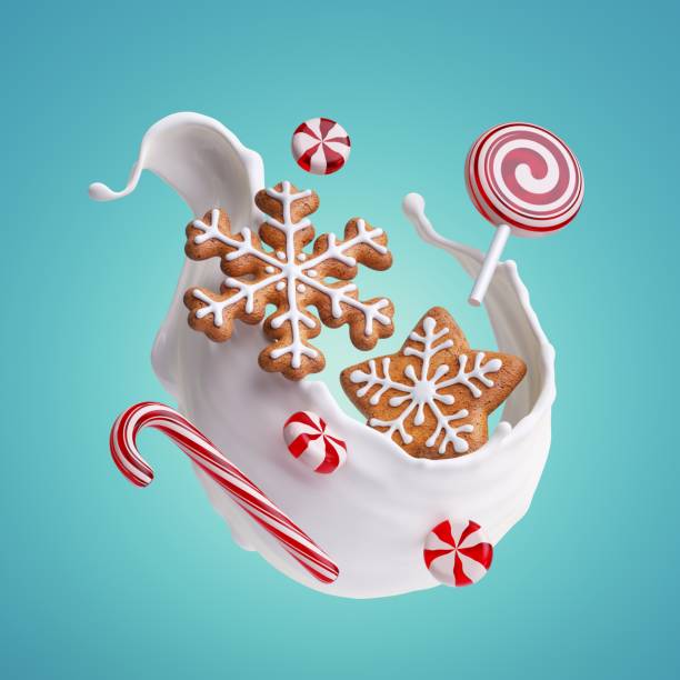 representación en 3d de salpicaduras de leche, galletas de pan de jengibre y caramelos aislados sobre fondo azul. ola líquida salpicada de blanco y dulces levitar. ilustración de comida navideña - falling candy christmas candy cane fotografías e imágenes de stock