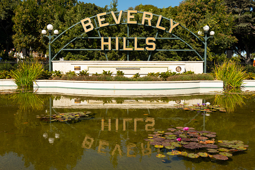 Beverly Hills, California, United States - October 20, 2019: View of the Beverly Hills sign at the Beverly Gardens Park in California - United States